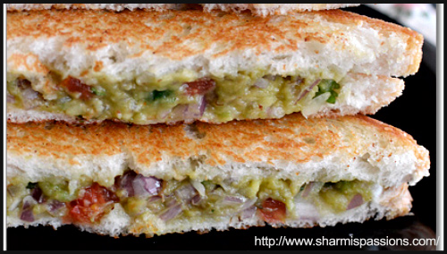 Avocado Bread Sandwich Recipe (Guacamole Sandwich) by Sharmilee Jayaprakash