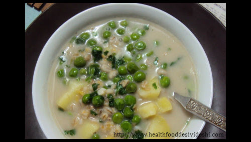 Pearl barley and green peas soup in a coconut milk broth by Sangeeta Khanna.